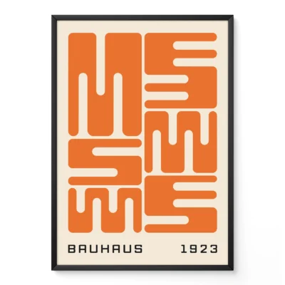 Bauhaus original poster with orange wave typography, geometric Bauhaus design inspired by the 1923 exhibition.