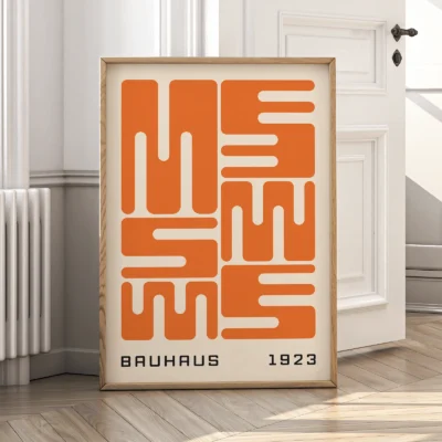 Bauhaus original poster in wooden frame, orange wave typography in minimalist Bauhaus 1923 style.