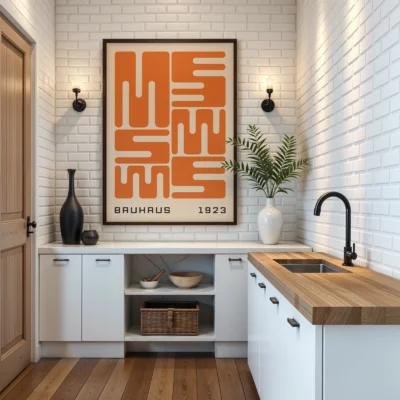 Bauhaus original poster displayed in kitchen interior, orange wave typography inspired by Bauhaus 1923 design.