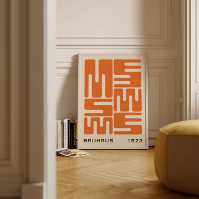 Bauhaus original poster in warm interior setting, orange wave typography inspired by Bauhaus 1923 aesthetics.