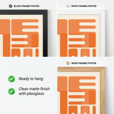 Bauhaus original poster with orange wave typography shown with black, white and wood frame options.