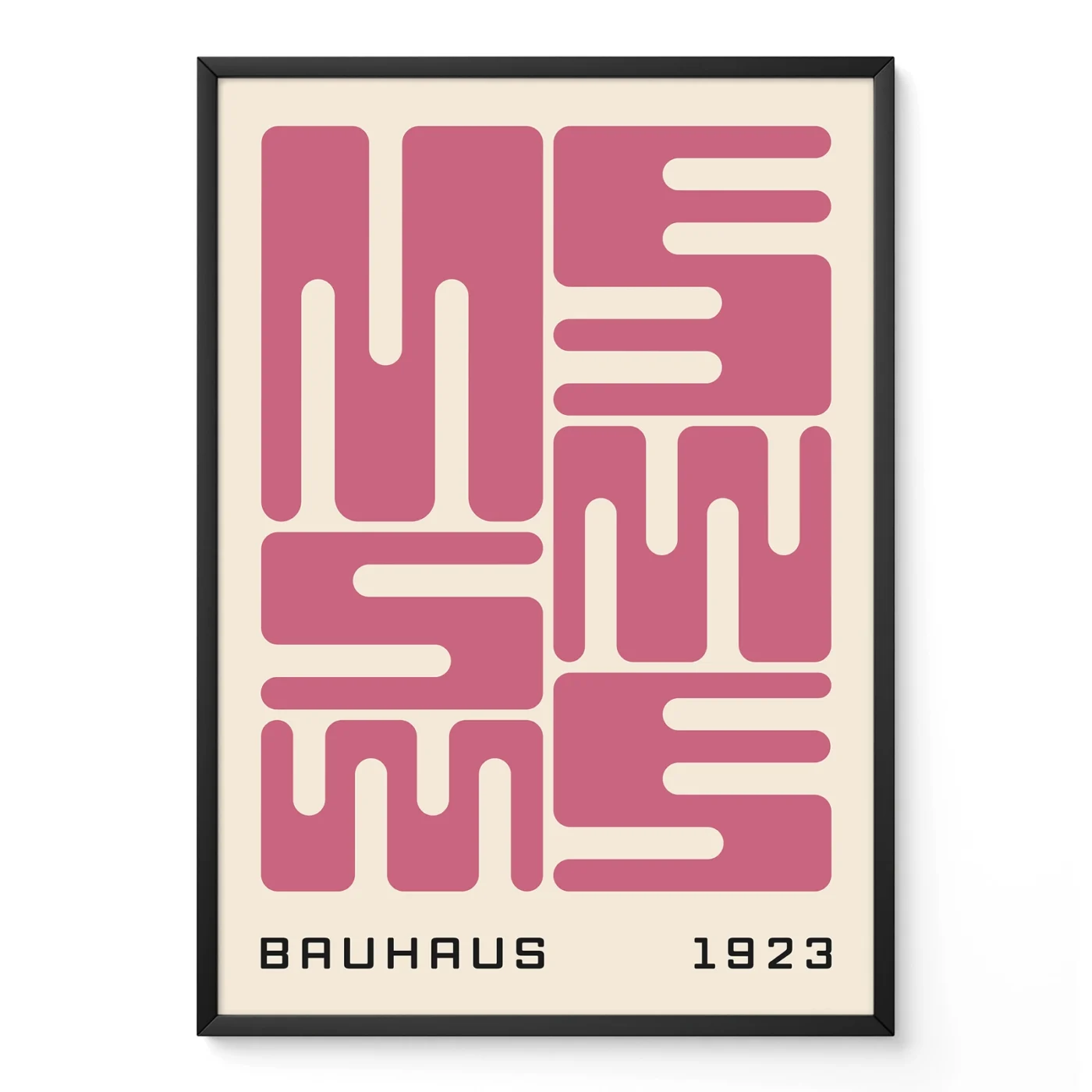 Bauhaus original poster with pink wave typography, minimalist geometric design inspired by the Bauhaus 1923 exhibition.