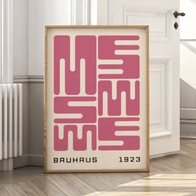 Bauhaus original poster in wooden frame, pink wave typography in minimalist Bauhaus 1923 style.