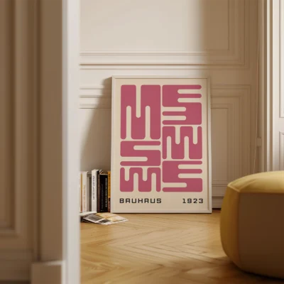 Bauhaus original poster in warm interior setting, pink wave typography inspired by Bauhaus 1923 aesthetics.