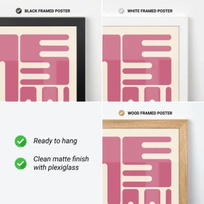 Bauhaus original poster with pink wave typography shown with black, white and wood frame options.