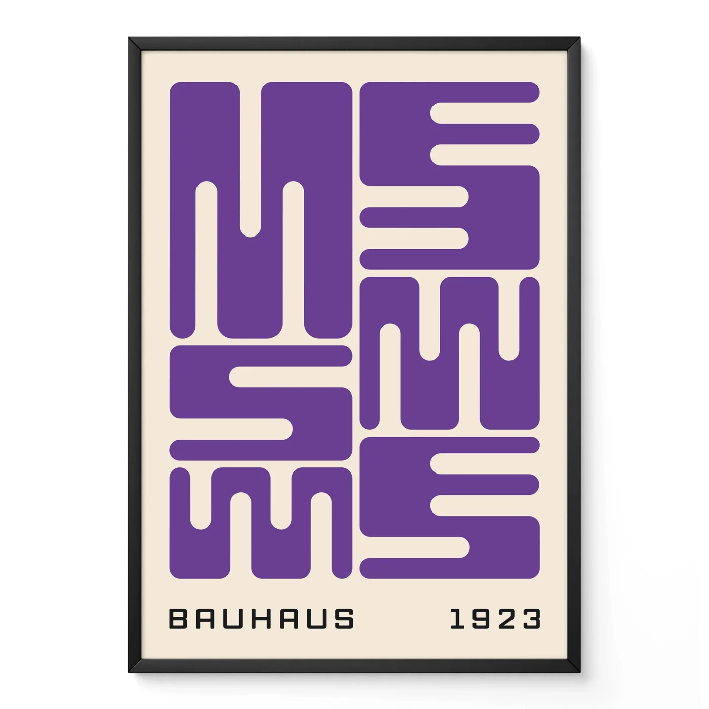 Bauhaus original poster with purple wave typography, minimalist geometric design inspired by the Bauhaus 1923 exhibition.
