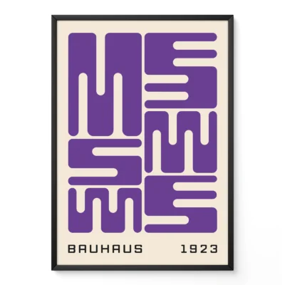 Bauhaus original poster with purple wave typography, minimalist geometric design inspired by the Bauhaus 1923 exhibition.