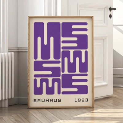 Bauhaus original poster in wooden frame, purple wave typography in minimalist Bauhaus 1923 style.