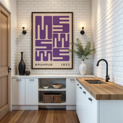 Bauhaus original poster displayed in kitchen interior, purple wave typography inspired by Bauhaus 1923 design.
