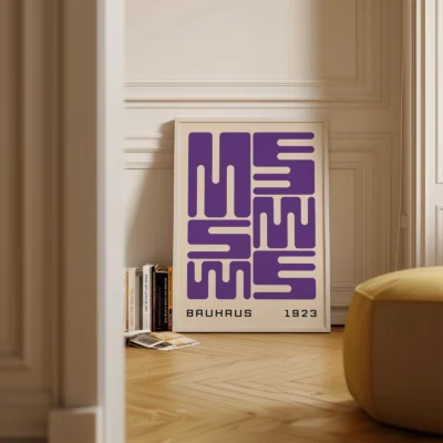 Bauhaus original poster in warm interior setting, purple wave typography inspired by Bauhaus 1923 aesthetics.