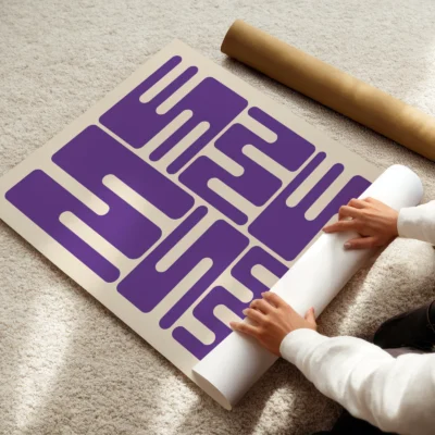 Bauhaus original poster print being rolled, purple wave typography in minimalist Bauhaus 1923 style.
