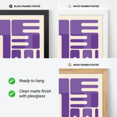 Bauhaus original poster with purple wave typography shown with black, white and wood frame options.