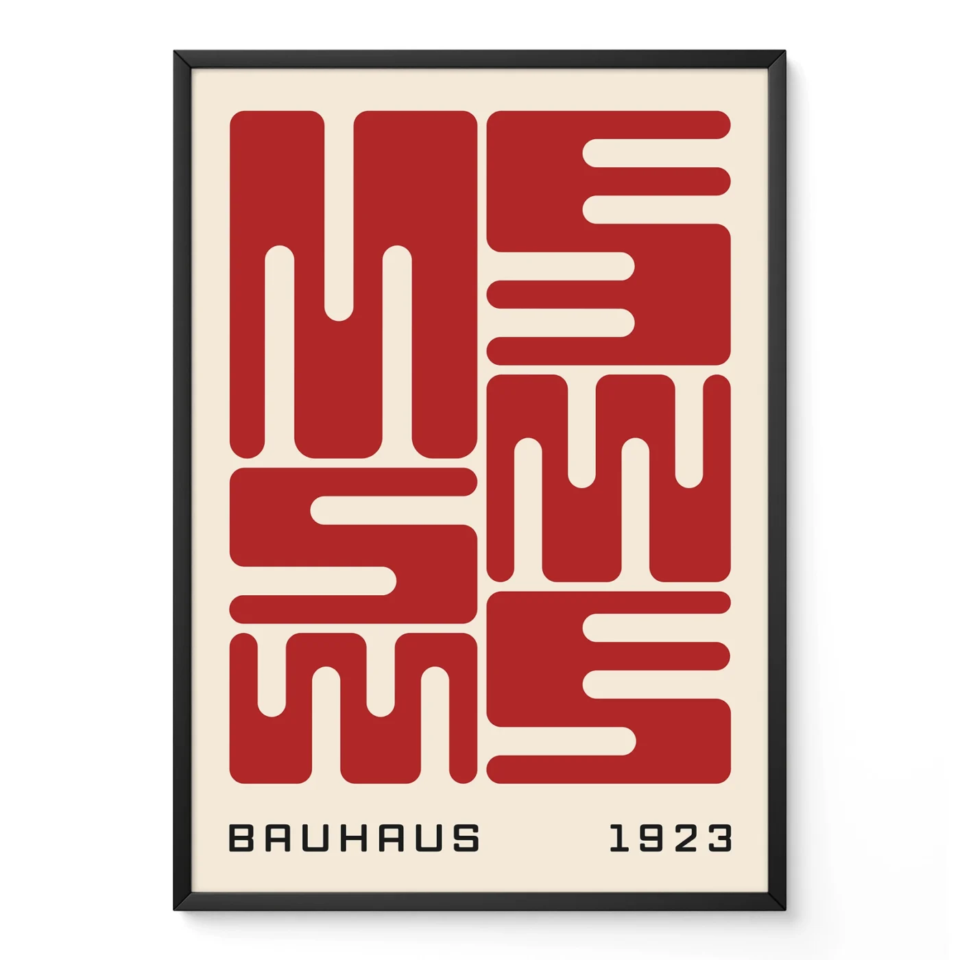 Bauhaus original poster with red wave typography, minimalist geometric design inspired by the Bauhaus 1923 exhibition.