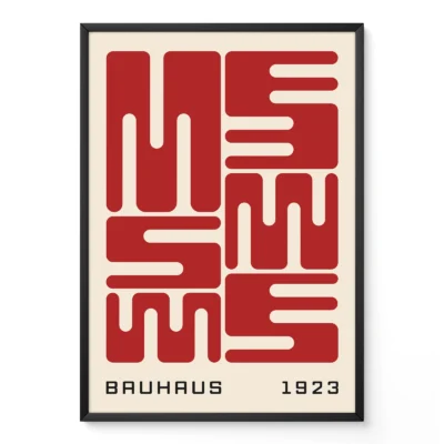 Bauhaus original poster with red wave typography, minimalist geometric design inspired by the Bauhaus 1923 exhibition.