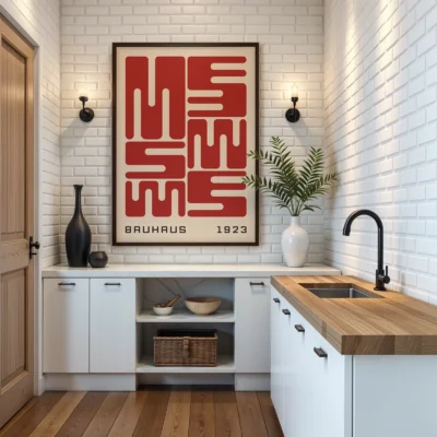Bauhaus original poster displayed in kitchen interior, red wave typography inspired by Bauhaus 1923 design.