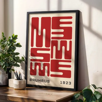 Bauhaus original poster leaning on table, red wave typography in geometric Bauhaus style.