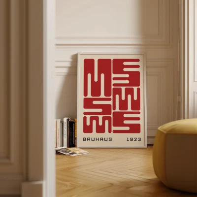 Bauhaus original poster in warm interior setting, red wave typography inspired by Bauhaus 1923 aesthetics.