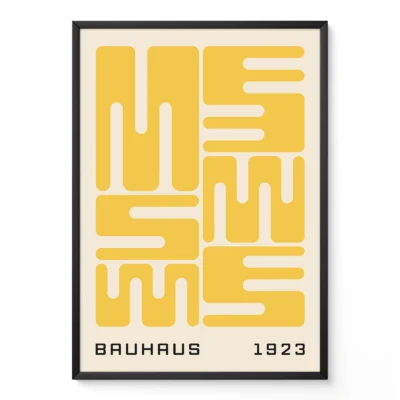 Bauhaus original poster with yellow wave typography, minimalist geometric design inspired by Bauhaus 1923 aesthetics.
