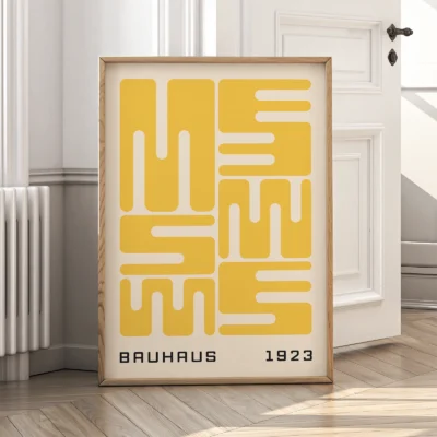 Bauhaus original poster in wooden frame, yellow wave typography in minimalist Bauhaus 1923 style.