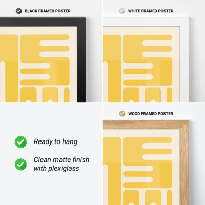 Bauhaus original poster with yellow wave typography shown with black, white and wood frame options.