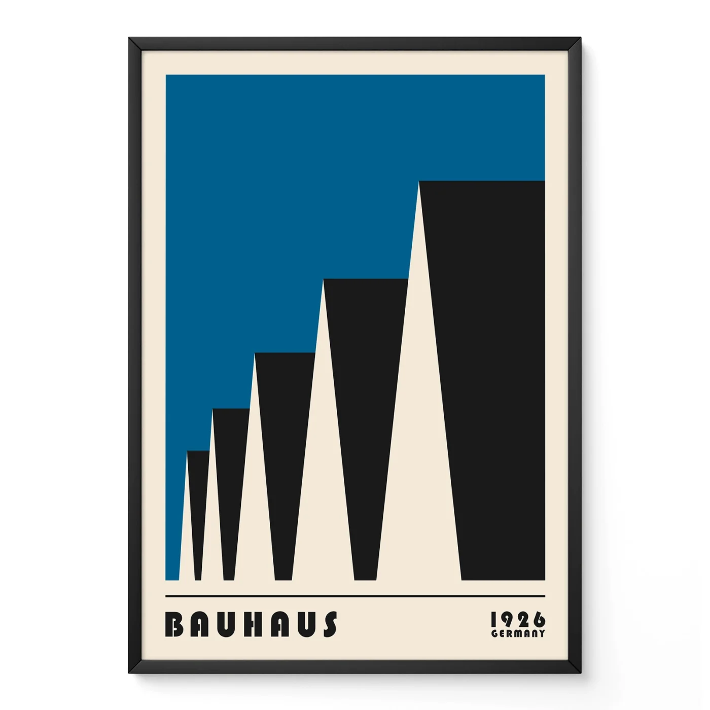 Bauhaus exhibition 1923 poster with factory roofs, blue and black geometric modernist design.