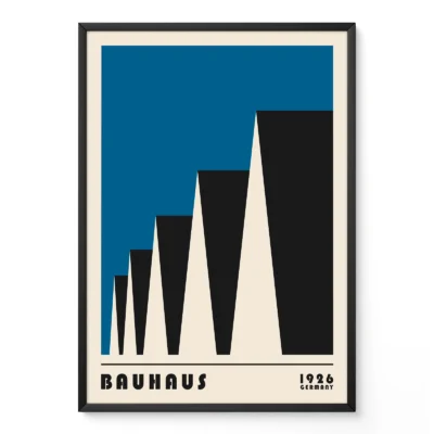 Bauhaus exhibition 1923 poster with factory roofs, blue and black geometric modernist design.