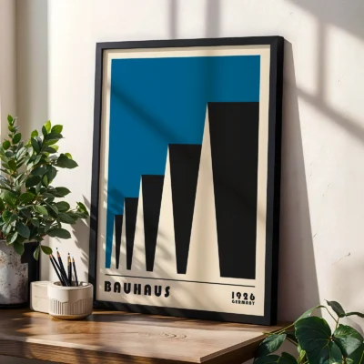 Bauhaus exhibition 1923 factory roofs poster on shelf, geometric blue Bauhaus modernist artwork.