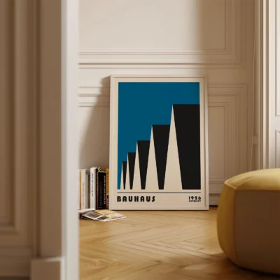 Bauhaus exhibition 1923 factory roofs poster placed on floor, minimalist Bauhaus industrial art.