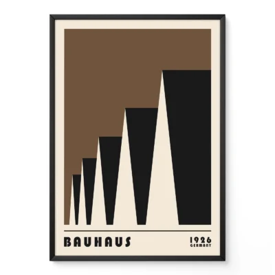 Bauhaus exhibition 1923 factory roofs poster in brown tones, geometric modernist industrial design.