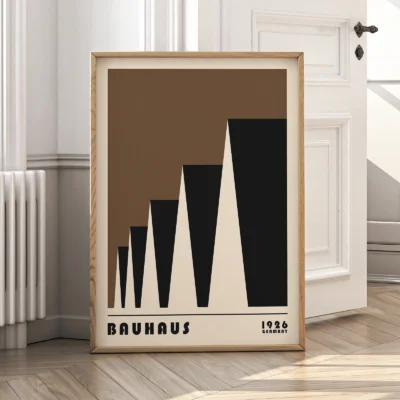 Bauhaus exhibition 1923 factory roofs poster leaning against wall, brown minimalist Bauhaus design.