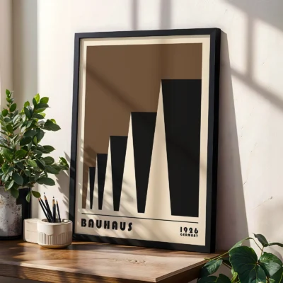 Bauhaus exhibition 1923 factory roofs poster on shelf, brown geometric Bauhaus modernist artwork.