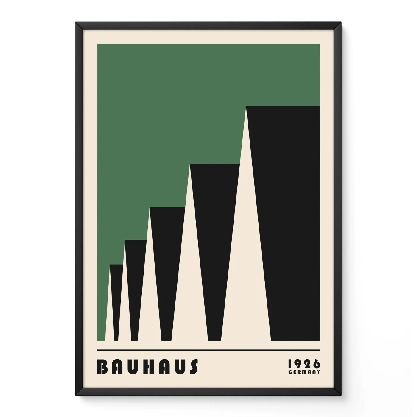 Bauhaus exhibition 1923 factory roofs poster in green, geometric modernist Bauhaus industrial design.
