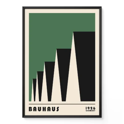 Bauhaus exhibition 1923 factory roofs poster in green, geometric modernist Bauhaus industrial design.
