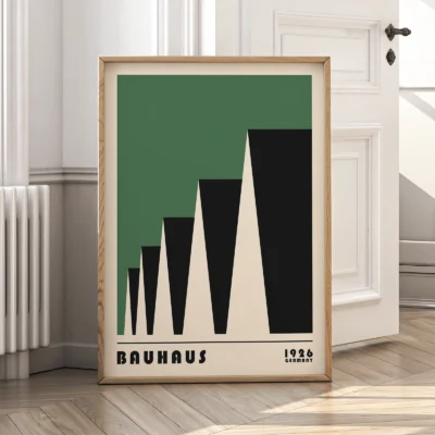 Bauhaus exhibition 1923 factory roofs green poster leaning against wall, minimalist Bauhaus style.