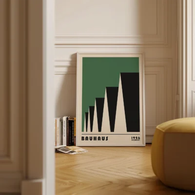 Bauhaus exhibition 1923 factory roofs green poster placed on floor, retro Bauhaus wall art.