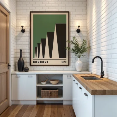 Bauhaus exhibition 1923 factory roofs poster displayed in kitchen, green Bauhaus modernist decor.