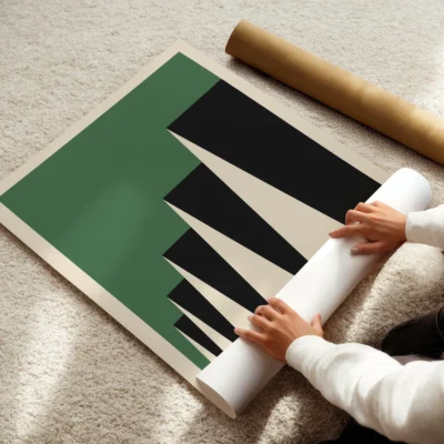 Bauhaus exhibition 1923 factory roofs green art print rolled out, geometric Bauhaus design detail.