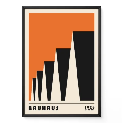 Bauhaus poster 1923 factory roofs in orange, geometric modernist Bauhaus design inspired by industrial architecture.