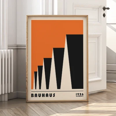 Bauhaus poster 1923 factory roofs orange artwork leaning against wall, minimalist Bauhaus modernism style.