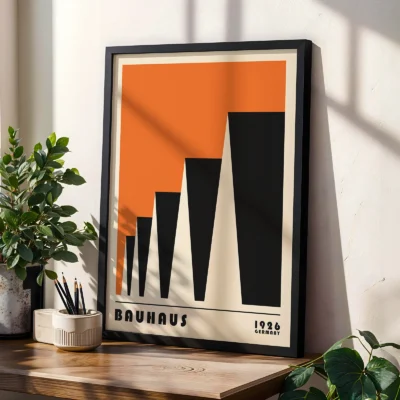 Bauhaus poster 1923 factory roofs orange print styled on shelf, classic Bauhaus modernist wall art.