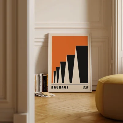Bauhaus poster 1923 factory roofs orange artwork placed on floor, retro Bauhaus exhibition style.