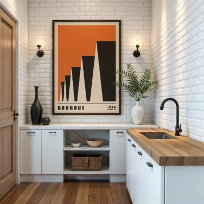 Bauhaus poster 1923 factory roofs orange wall art displayed in kitchen, modern Bauhaus decor.