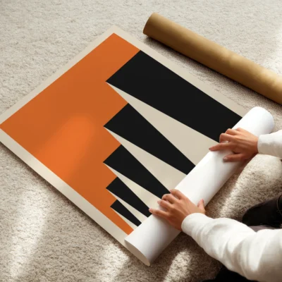 Bauhaus poster 1923 factory roofs orange art print rolled out, geometric Bauhaus exhibition design.