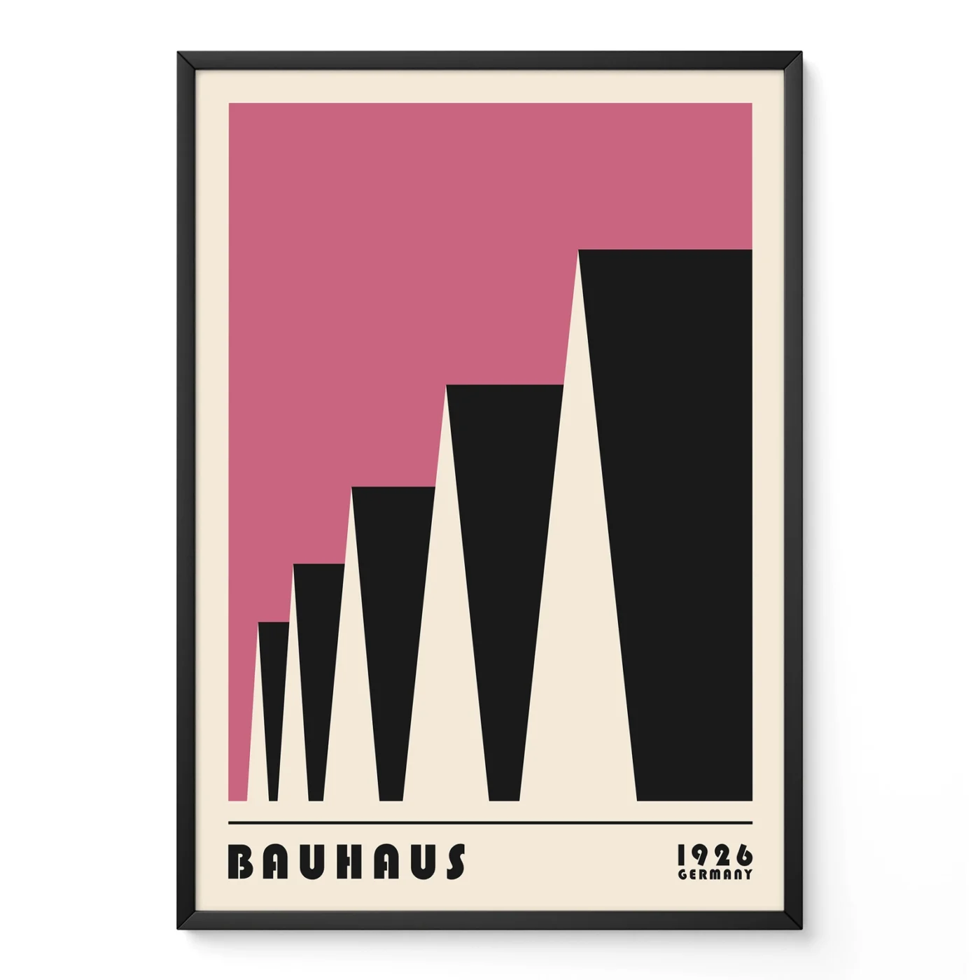 Bauhaus poster 1923 factory roofs in pink, geometric modernist Bauhaus design inspired by industrial architecture.