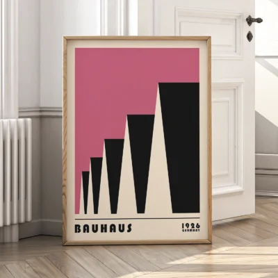 Bauhaus poster 1923 factory roofs pink artwork leaning against wall, minimalist Bauhaus modernism style.