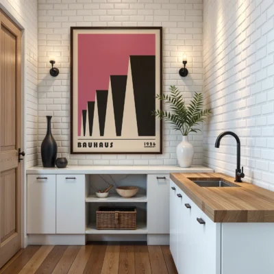 Bauhaus poster 1923 factory roofs pink wall art displayed in kitchen, modern Bauhaus decor style.