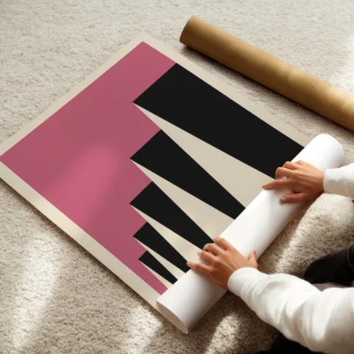 Bauhaus poster 1923 factory roofs pink art print rolled out, geometric Bauhaus exhibition design.