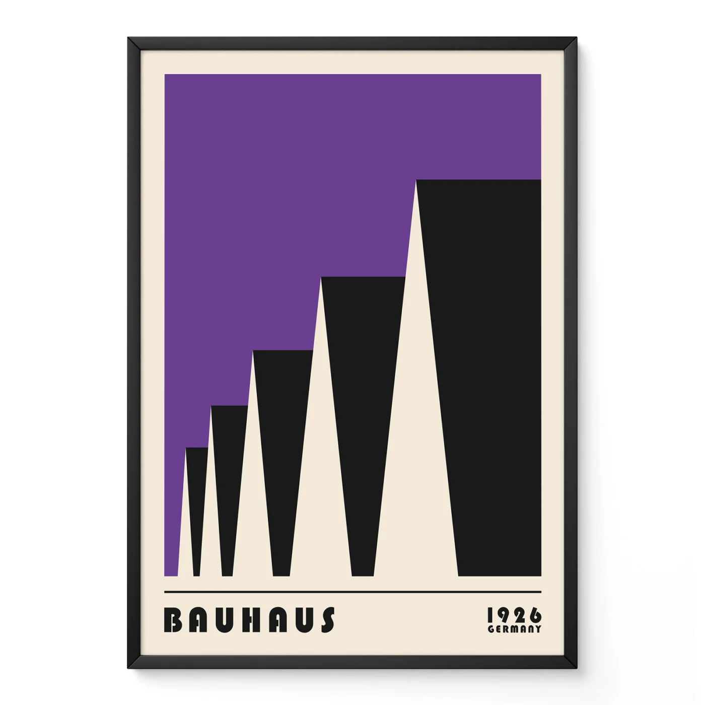 Bauhaus poster 1923 factory roofs in purple, geometric modernist Bauhaus design inspired by industrial architecture.