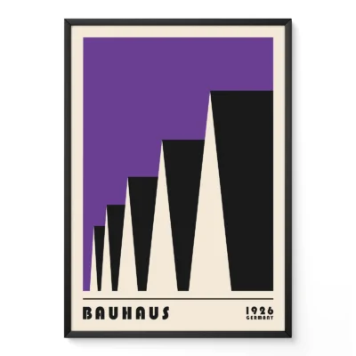 Bauhaus poster 1923 factory roofs in purple, geometric modernist Bauhaus design inspired by industrial architecture.
