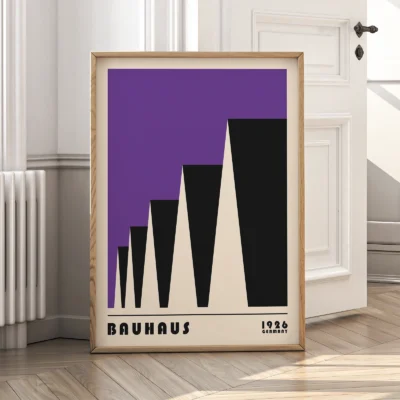 Bauhaus poster 1923 factory roofs purple artwork leaning against wall, minimalist Bauhaus modernism style.